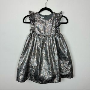 Nordstrom Girls Size 7 Silver & Gold Floral Short Sleeve Formal Ruffle Dress